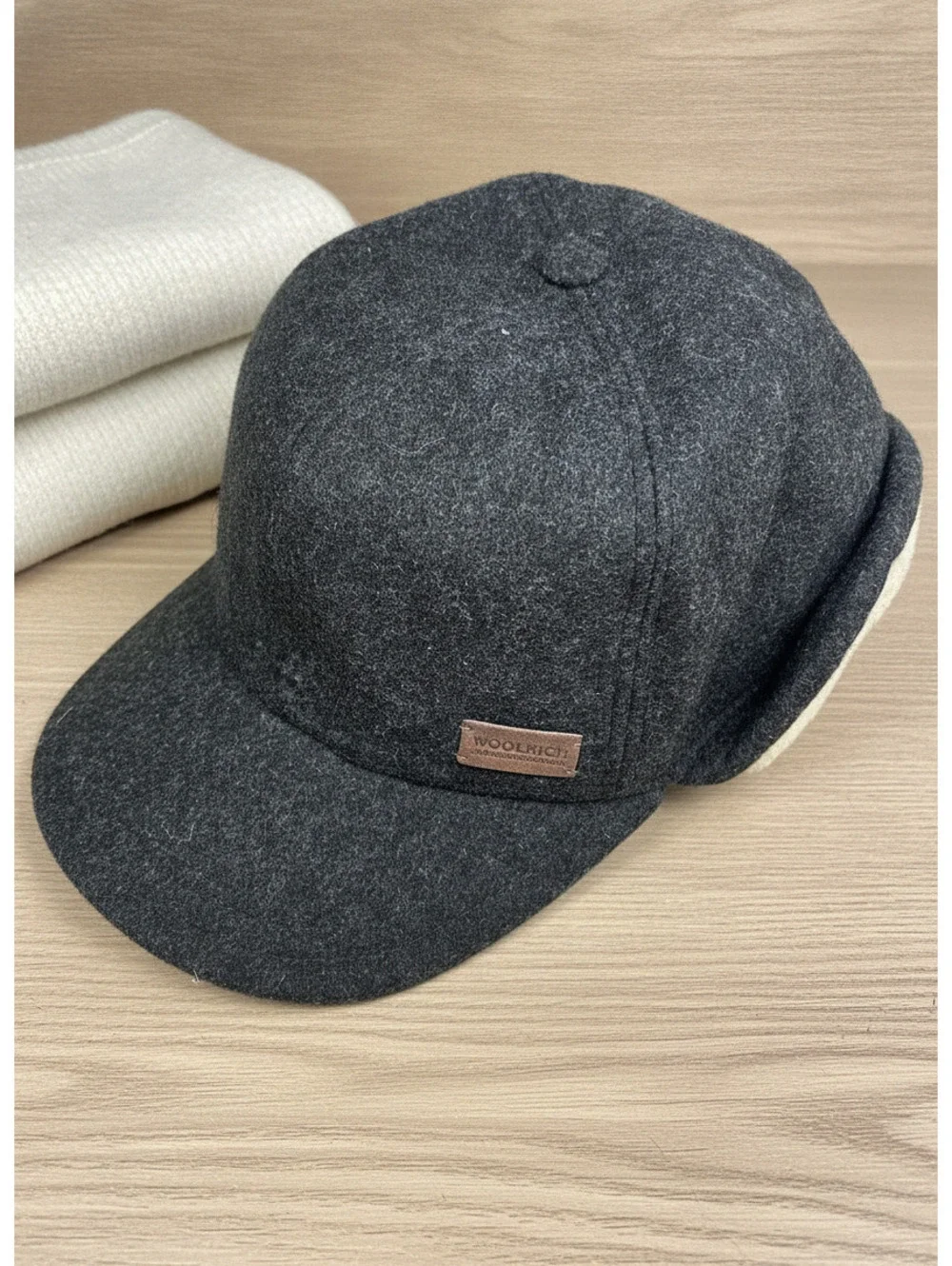 Woolrich Men Dark Gray Wool Blend Winter Cap Ear Flaps Fleece Lined Trapper Hat
